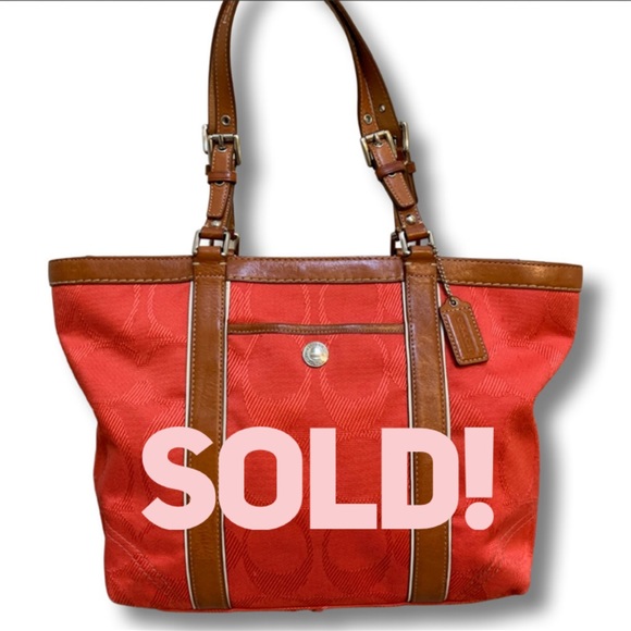 Coach Handbags - SOLD! COACH Coral Signature Canvas Zip Top Tote w/Brown Leather Trim F13560